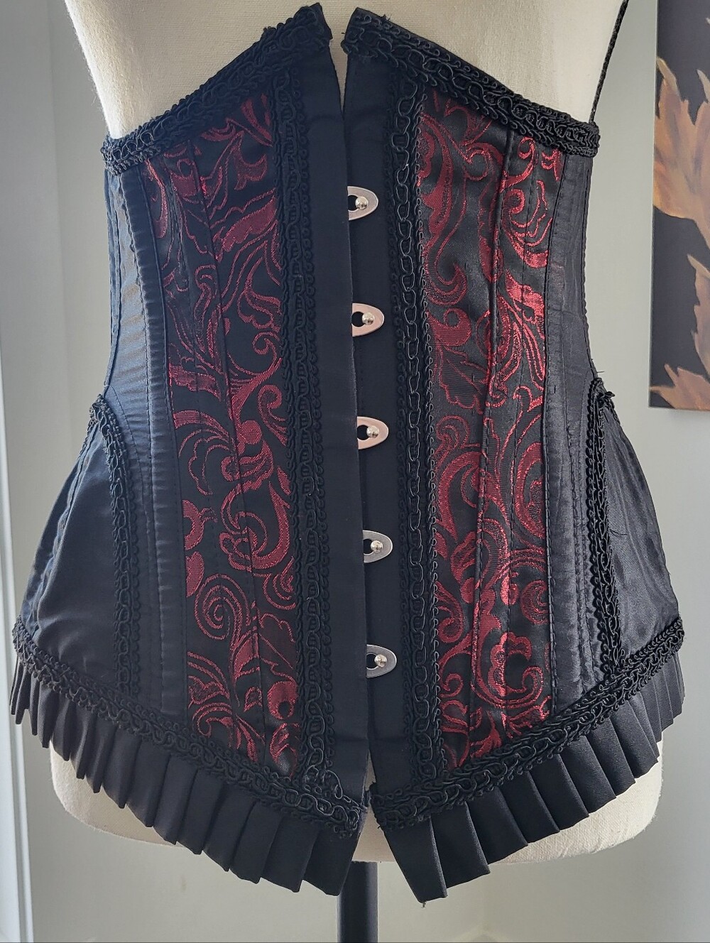 Black & Red Brocade Underbust Corset With Steel Boning And Fasteners